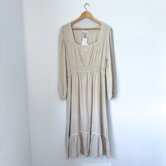 LOST + WANDER Easy Breezy Square Neck Long Sleeve Midi Dress in Oatmeal NWT - Picture 3 of 9